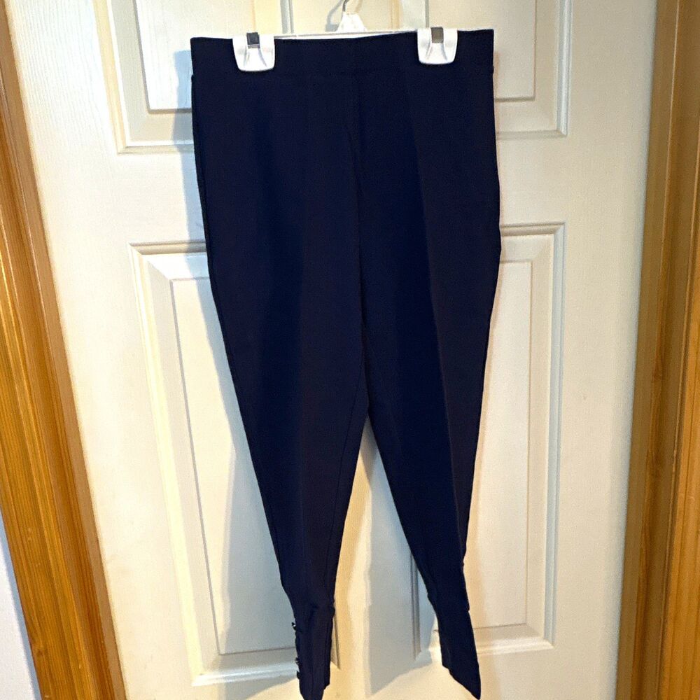 Susan Graver Weekend Blue Solid Ankle Leggings Elastic Waist Button XXS Cotton